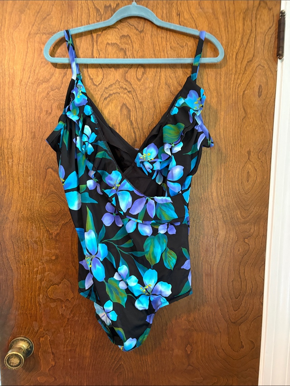 Black Floral One-Piece Swim Bodysuit with Blue & Teal Blooms